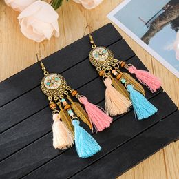 S3017 Bohemian Fashion Jewelry Vintage Tassels Earrings Colorful Flower Metal Feather Dangle Earrings