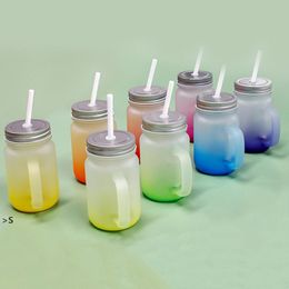 430ml Sublimation Glass Mason Jar with Handle Gradient Glass Tumblers Thermal Transfer Water Bottle Colourful Sublimated Cups by sea BBA13004