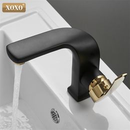 XOXO Basin Faucet Hot and cold Bathroom Mixer Tap Modern Black Brass Single Handle Sink Mixer Tap Deck Mounted Basin Crane 21055 T200107