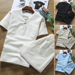 Linen Short sleeved T shirt Shorts 2Pcs Men Cotton Causal Suit For Male Summer Spring Autumn 220621