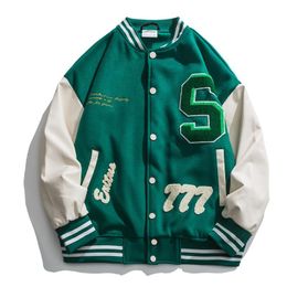 Men's Jackets High Street Baseball Jacket Men PU Leather Splice Towel Embroidery Varsity Vintage Loose Causal Coat Couple Green JacketMen's