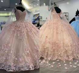 2023 Floral Butterfly Lace Applique Quinceanera Dresses Light Pink With Cape Beaded Off The Shoulder Princess Sweet 16 Dress Girls Prom