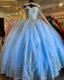 Sky Blue Tulle Quinceanera Dresses Ball Gown Birthday Party Dress Lace Up Graduation Gown vestidos de quinceañera 2022 With Cape