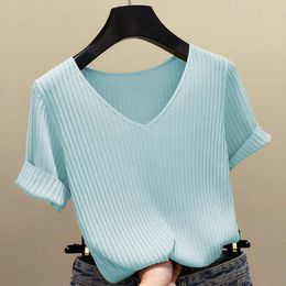 Women's Sweaters Ice Silk V-neck Solid Color Knitted Sweater Female Short-sleeved Rib Was Thin Slim Decorative Jumpers Pullover Women Spring