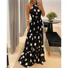 Women Summer Sleeveless Maxi Dress Fashion Leopard Print Butterfly Polka Dot Halter Neck Backless Full-Length For Ladies Casual Dresses