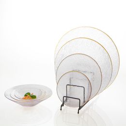 Wavy Textured Glass Dinnerware Cone Shaped Salad Bowls Gold Rim Clear Dessert Dinner Plates Centerpiece Platter for Home Restaurant Wedding