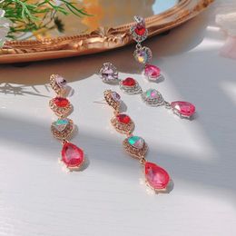 Dangle & Chandelier New Korean Hyperbole Vintage Rainbow Crystal Rhinestone Purple Love Heart Long Drop Earrings for Women Wedding Jewelry