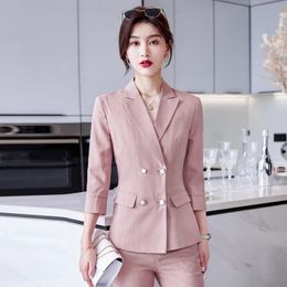 Women's Two Piece Pants S-4xl Womens Pant Suits Autumn Spring Female Blazer 2pcs Sets Three Quarter Sleeve Double Breasted Striped Ladies Cl