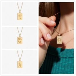 Pendant Necklaces Quality 12 Zodiac Necklace Golden Square Brand Etched Stainless Steel Retro For Women Men GiftPendant