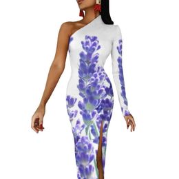 real fresh flowers Australia - Casual Dresses Fresh Lavender High Slit Bodycon Dress Real Flower Nature Elegant Maxi Autumn Long Sleeve Party Pattern DressesCasual