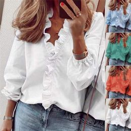 PlusSister Spring Autumn Elegant Ruffles Women Blouses Casual V Neck Long Sleeve Loose Female Tunic White Blouses For Women 220623