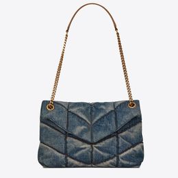 Vintage Denim Blue Shoulder Bag Women Crossbody Purse Handbag Chain Flap Clutch Wallet Thread Metal Hardware Letter Hasp Soft Cowboy Washed Cloth Totes Purses