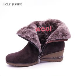 Winter Warm Wool Snow cow shoes Genuine Leather plus size Wedges Nonslip Women Boots Y200115