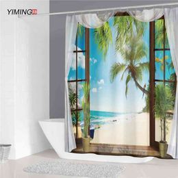 Open the window to see the seaside beach scenery printing polyester waterproof shower curtain home decoration curtain with hook 210402
