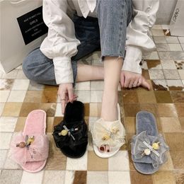 COOTELILI Woman Slippers Winter Shoes For Women Fashion Bow Faux Fur 1.5cm Heel Slipper Shoes Pink Basic Plus Size 41 Y201026