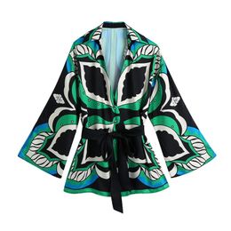 TRAF Women Fashion With Belt Printed Wrap Kimono Blouses Vintage Three Quarter Sleeve Female Shirts Chic Tops 220812