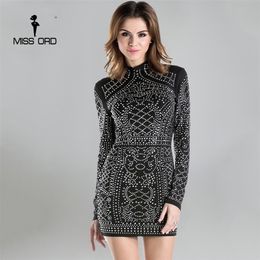 Missord 2021 Sexy Geometric Retro rhinestones High Necked Long Sleeved Bodycon Tight Party Dress FT2838 210319