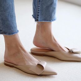 Sandals Flat Shoes Woman Slip On Cow Leather Mules Female Muller Pointed Toe Slides Korea Style Handmade Ladies Flats Size 40Sandals