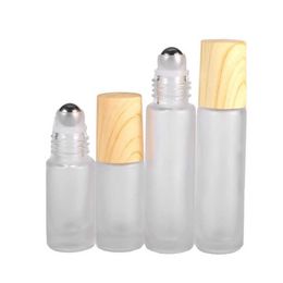 Frosted Clear Glass Perfume Roller Bottles Vials Containers With Metal Roller Ball And Wood Grain Plastic Cap