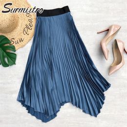 SURMIITRO Spring Summer Satin Midi Long Pleated Skirt Women Korean Style Blue High Waist Mid-Length A Line Female 220322