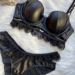 PU leather bra underpants set sexy inner women's lace lingerie briefs suit with steel ring stereotypes and eyelashes bralette 220513