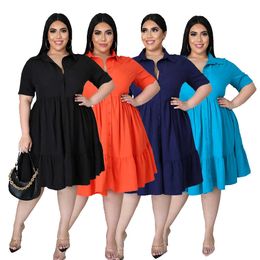 Woman Cause Dresses Plus Size Solid Large Clothes Cacual Short Sleeve Shirt Dresses Summer Midi Dress With POLO Collar L-5XL