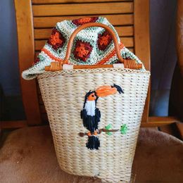 Beach Bag Corn Skin Woven Straw Bag Embroidered Flower Bird Rattan Handle New Women's Bag Bucket Handbag 220614