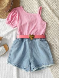 Toddler Girls Asymmetrical Neck Top & Raw Trim Belted Denim Shorts SHE