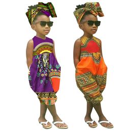 2~7 Year African Clothes Kids Boys Girls Print Romper Baby Dashiki Bazin Bohemian Jumpsuit Headband Set Children Riche Ankara Africa Clothing