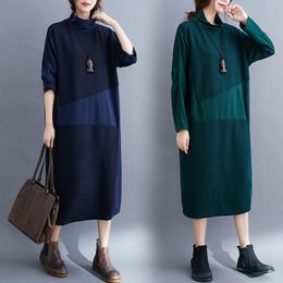 Casual Dresses Contrasting Color Stitching Knit Dress Plus Size Women's Long-sleeved High-necked Fashion Loose Long A-line Y041