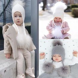 Berets Baby Pompom Beanie Warm Knitted Hats Real Fur Hat For Kids Winter Skullies Beanies Girl Boy Ear CapBerets