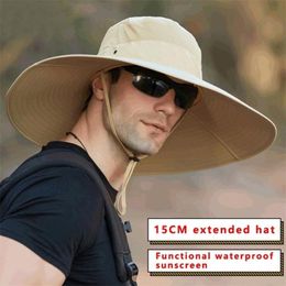 Unisex High Quality 15CM Big Wide Brim Fishing Solid Colour Waterproof Sun s Summer Women Beach Cap Mens Panama Hat 220627