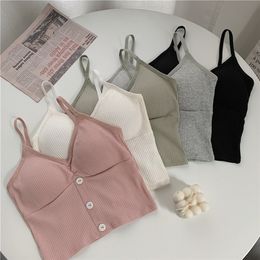 Women Knitted Tank Top Button Camisole Summer Y2K Girls Crop Tops Slim Tube Top Strap Vest Sexy Female Backless Bottoming Shirts 220607