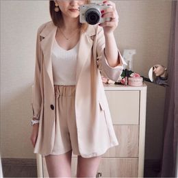 2 Pics Sets Summer Women Blazer Suit Office Lady Solid Elegant Tracksuit Ladies Sets Ol Blazer Coat Mini Short 2020 Work Wear LJ200907