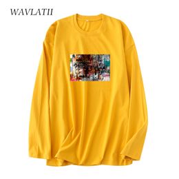 WAVLATII Women Fashion Art Print Long Sleeve Tshirts Female 100% Cotton Yellow Casual Spring Tees Tops WLT2126 220511