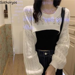 Knitted Shrugs Women Solid Loose Crop Top Hollow Out Designer Hipster arrival Soft Teenagers Full Sleeve Allmatch Ulzzang 220817