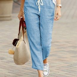 Solid Lady Casual Trousers Drawstring Elastic Waist Cotton Linen Women Straight Ankle Length Oversize Pants 3XL 220325