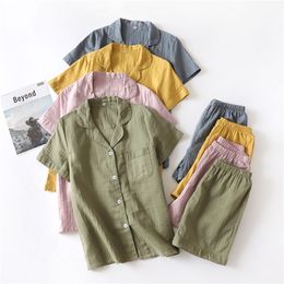 New Japanese style summer couple pajamas men and women cotton gauze thin short sleeved shorts home service cardigan suit loose t LJ200814