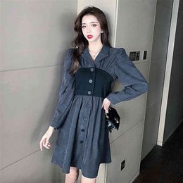 French light mature style color matching suit skirt women autumn fashion temperament buttoned slim long-sleeved dress 210412