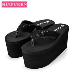 Shoes Woman Fashion Sandals High Heel Slippers Wedges Shoes 9cm High Heels Platform Flip Flops Shoe in 2 Colours Y200423