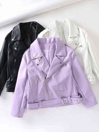 FTLZZ Spring Autumn Women Faux Leather Jacket Streetwear Lapel Purple Pu Leather Loose Coat with Belt Lady Outwear L220728
