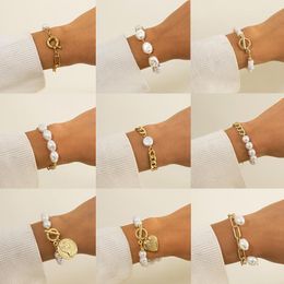 Link Chain Ingemark Vintage Elegant Baroque Pearl Bracelets On Hand For Women Wedding Bridal Asymmetric Bangles Charm Kpop Jewellery Fawn22