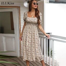 Casual Short Sleeve Midi Dres Summer Fashion Square Collar Cotton Slim Print Dresses Elegant Robe Femme Vintage 220423