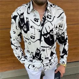 Fashion Turn-Down Long Sleeve Human Print Tops Cardigan Male Autumn Casual Shirt Streetwear Style Slim Button Men Shirt 220326