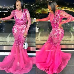 2022 Plus Size Arabic Aso Ebi Fuchsia Mermaid Luxuirous Prom Dresses Beaded Crystals Evening Formal Party Second Reception Birthday Engagement Gowns Dress ZJ556