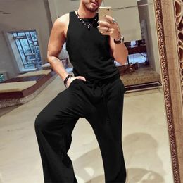 Men's Pants Men Jumpsuits Solid Colour O-neck Sleeveless Drawstring Casual Rompers Breathable Streetwear Leisure Overalls S-5XL INCERUNMen's