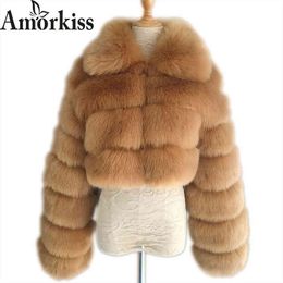 Amorkiss Winter Women High Quality Fur Coat Faux Fur Jacket Female Spliced Short Lapel Plush Coat Fashion 2021 T220810