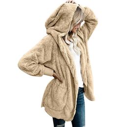 Hiver polaire pull Sherpa à capuche surdimensionné Long Cardigan Teddy moelleux automne vêtements chauds femmes chandails 201221