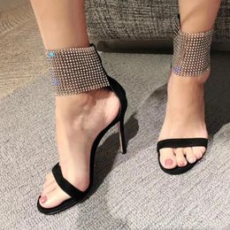 Sandals Mesh Crystal Ankle Wrap Women Thin Heels Open Toe Summer Shoes Black Flock Leather Ladies Party Pumps