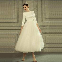 -Vintage de 50S Tutu Wedding Vestido 3 4 mangas elegantes Tul Tul Longitud de té Corto Vestido Vestido de Noiva Customize Plus Tamaño 20203334